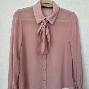 Zara Women's Pink Sheer Bow Secretary Blouse